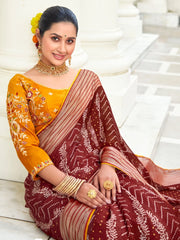Women's Chiffon Maroon Embellished Designer Saree With Blouse Piece-ABHIJET5034