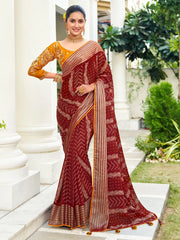 Women's Chiffon Maroon Embellished Designer Saree With Blouse Piece-ABHIJET5034