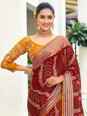 Women's Chiffon Maroon Embellished Designer Saree With Blouse Piece-ABHIJET5034