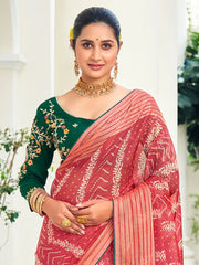 Women's Chiffon Red Embellished Designer Saree With Blouse Piece-ABHIJET5036