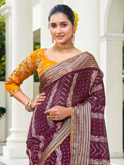 Women's Chiffon Purple Embellished Designer Saree With Blouse Piece-ABHIJET5038