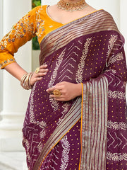 Women's Chiffon Purple Embellished Designer Saree With Blouse Piece-ABHIJET5038