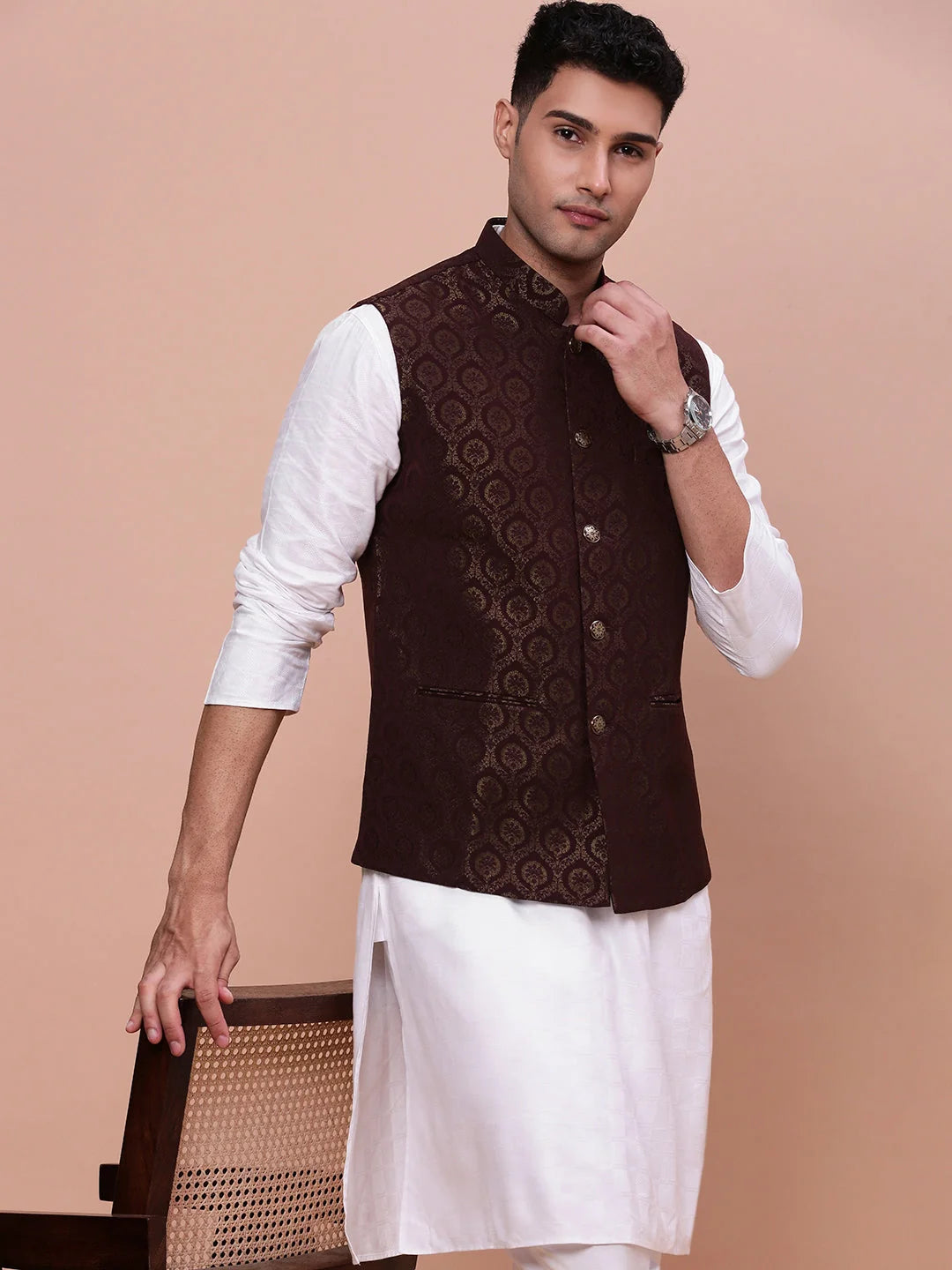 Brown Slim Fit Nehru Jacket | Mens Kurta Pajama Set | Pathani