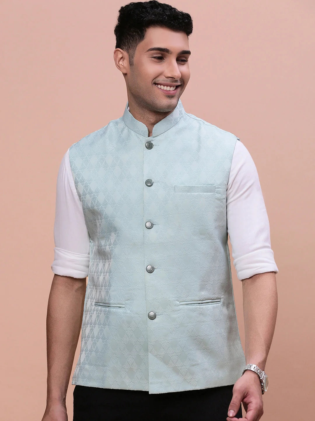 Sea Green Nehru Jacket - Slim Fit Mens Kurta Pajama Set