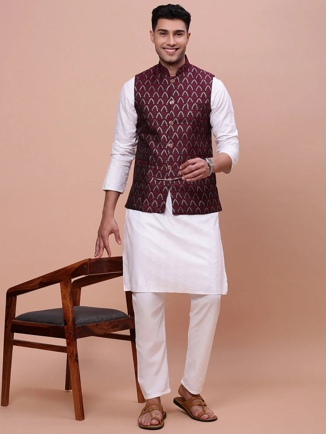 Maroon Nehru Jacket - Slim Fit Woven Design Mens Kurta Pajama