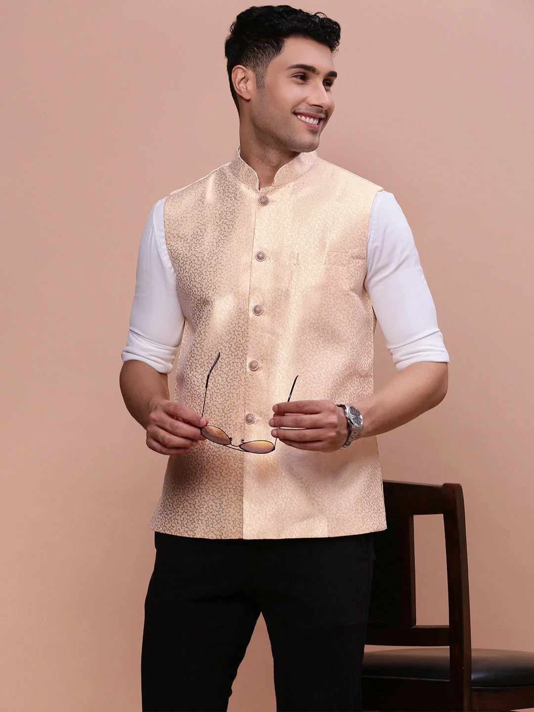 Cream Slim Fit Nehru Jacket | Mens Kurta Pajama Set