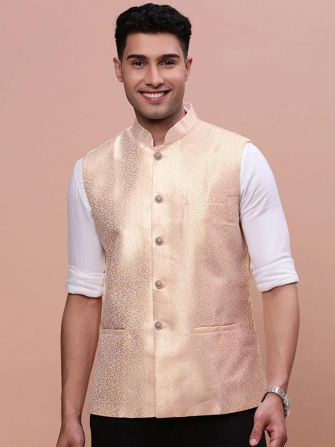 Cream Slim Fit Nehru Jacket | Mens Kurta Pajama Set