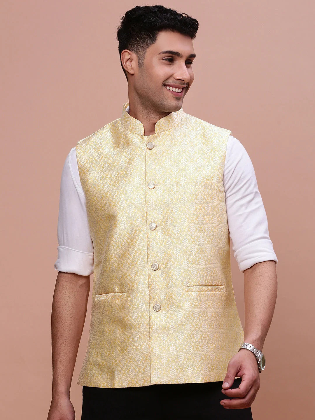 Yellow Slim Fit Nehru Jacket | Mens Kurta Pajama Set | Woven