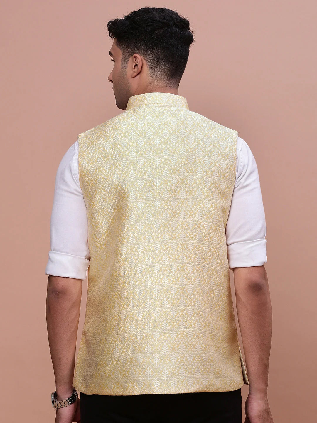 Yellow Slim Fit Nehru Jacket | Mens Kurta Pajama Set | Woven