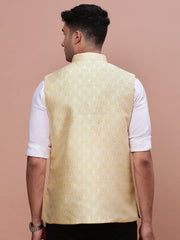 Men Woven Design Yellow Slim Fit Nehru Jacket-AC-1172-Yellow