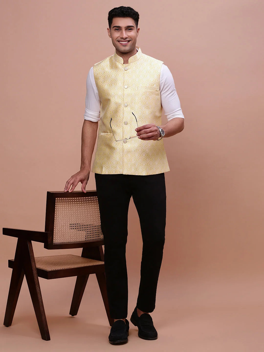 Yellow Slim Fit Nehru Jacket | Mens Kurta Pajama Set | Woven