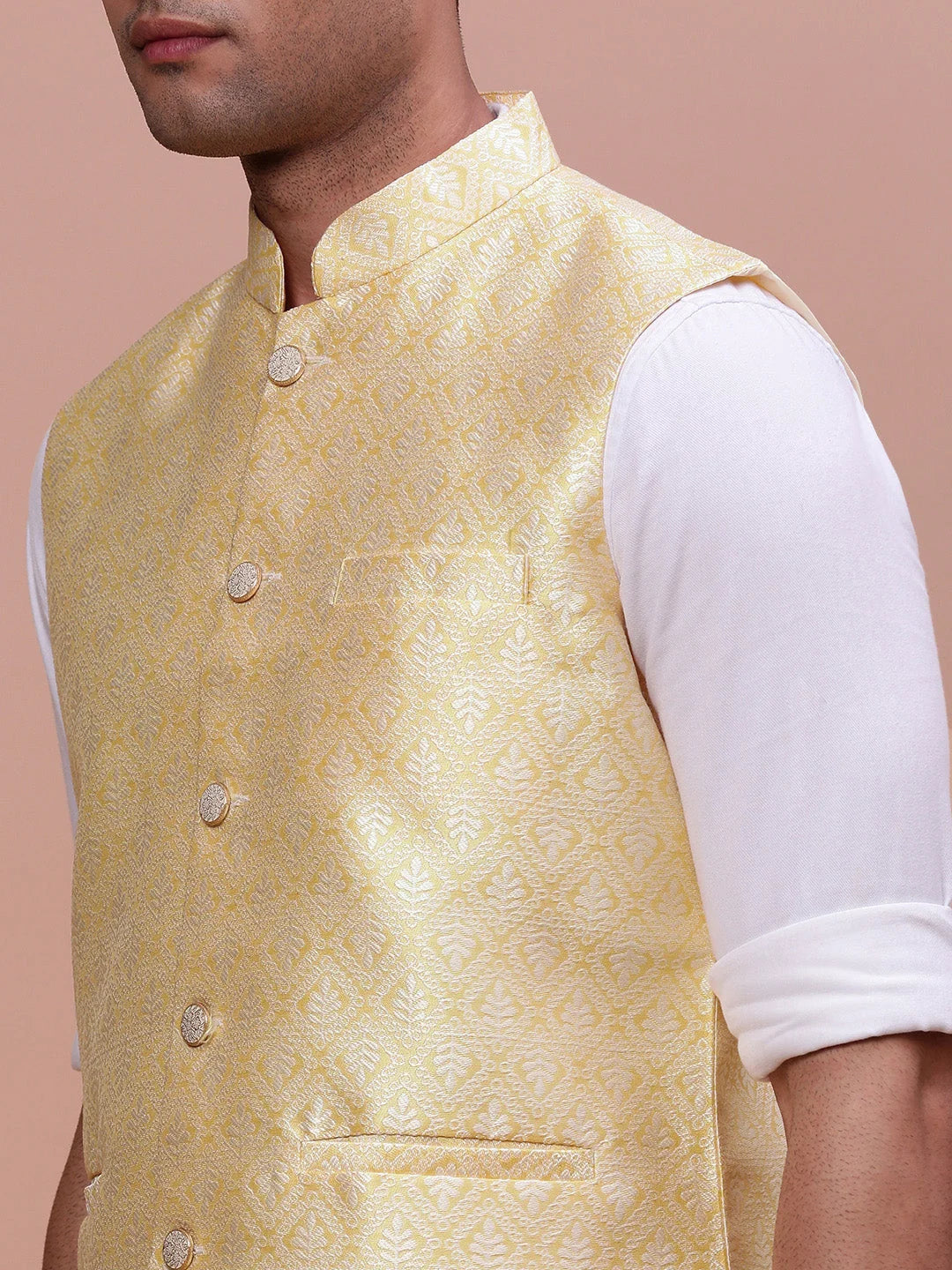 Yellow Slim Fit Nehru Jacket | Mens Kurta Pajama Set | Woven