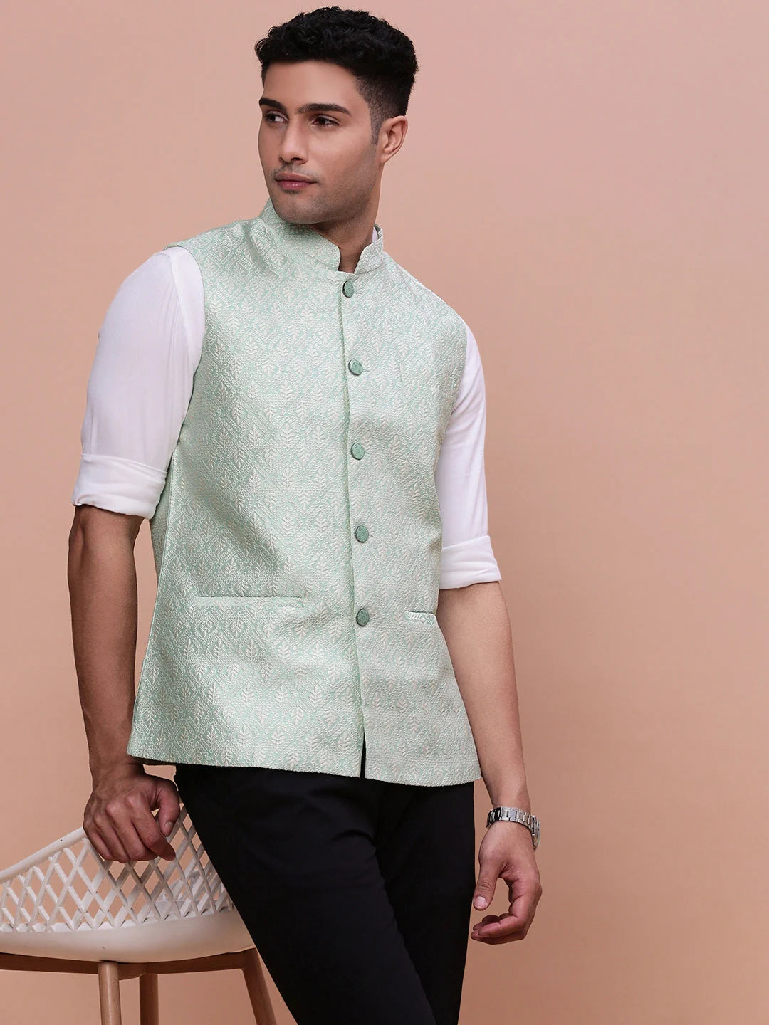 Green Nehru Jacket - Mens Kurta Pajama Set - Slim Fit Cotton