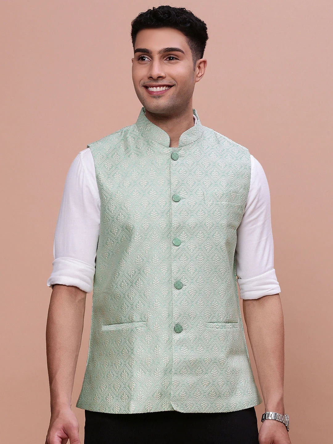 Green Nehru Jacket - Mens Kurta Pajama Set - Slim Fit Cotton