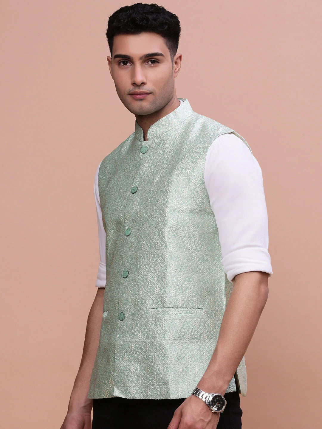 Green Nehru Jacket - Mens Kurta Pajama Set - Slim Fit Cotton