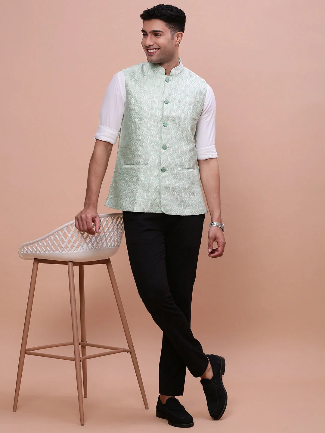 Green Nehru Jacket - Mens Kurta Pajama Set - Slim Fit Cotton