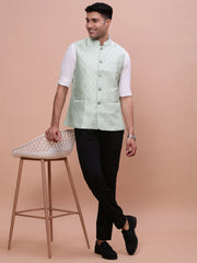 Men Woven Design Green Slim Fit Nehru Jacket-AC-1173-Green