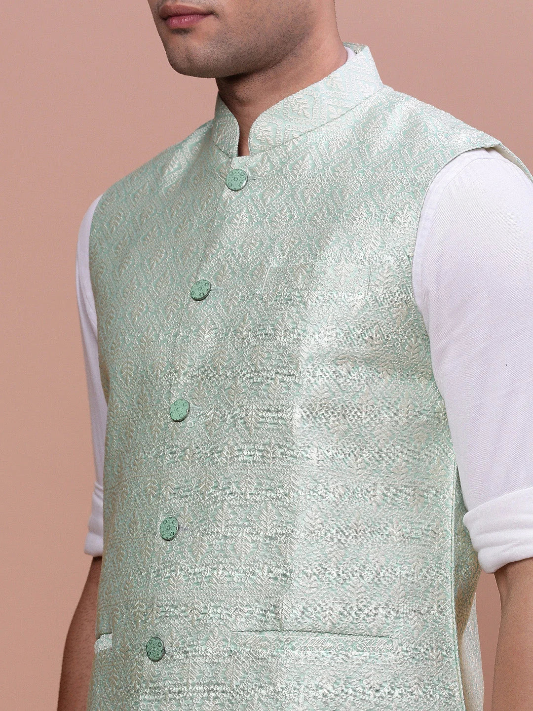 Green Nehru Jacket - Mens Kurta Pajama Set - Slim Fit Cotton