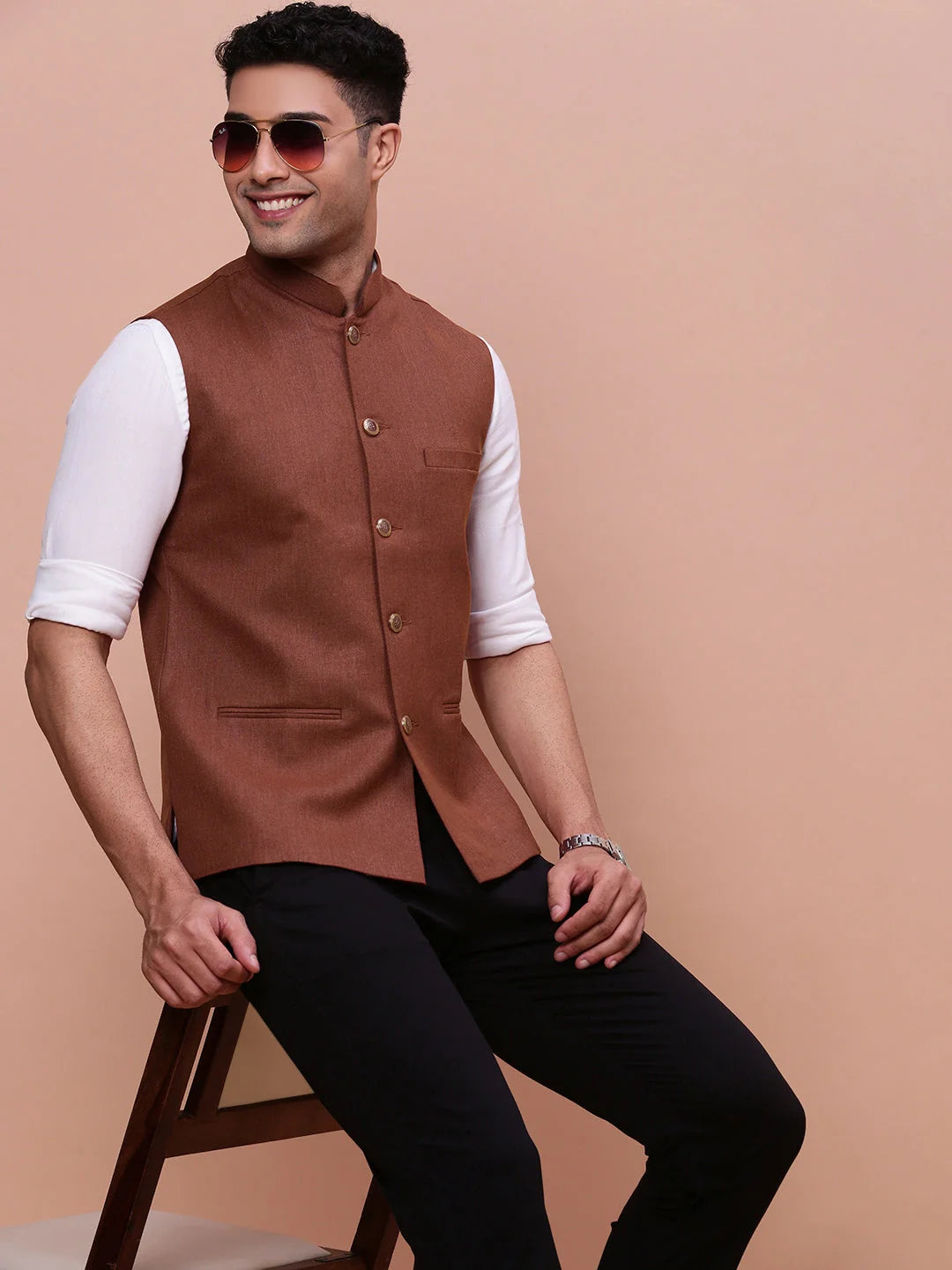 Rust Nehru Jacket - Solid Slim Fit - Mens Kurta Pajama Style