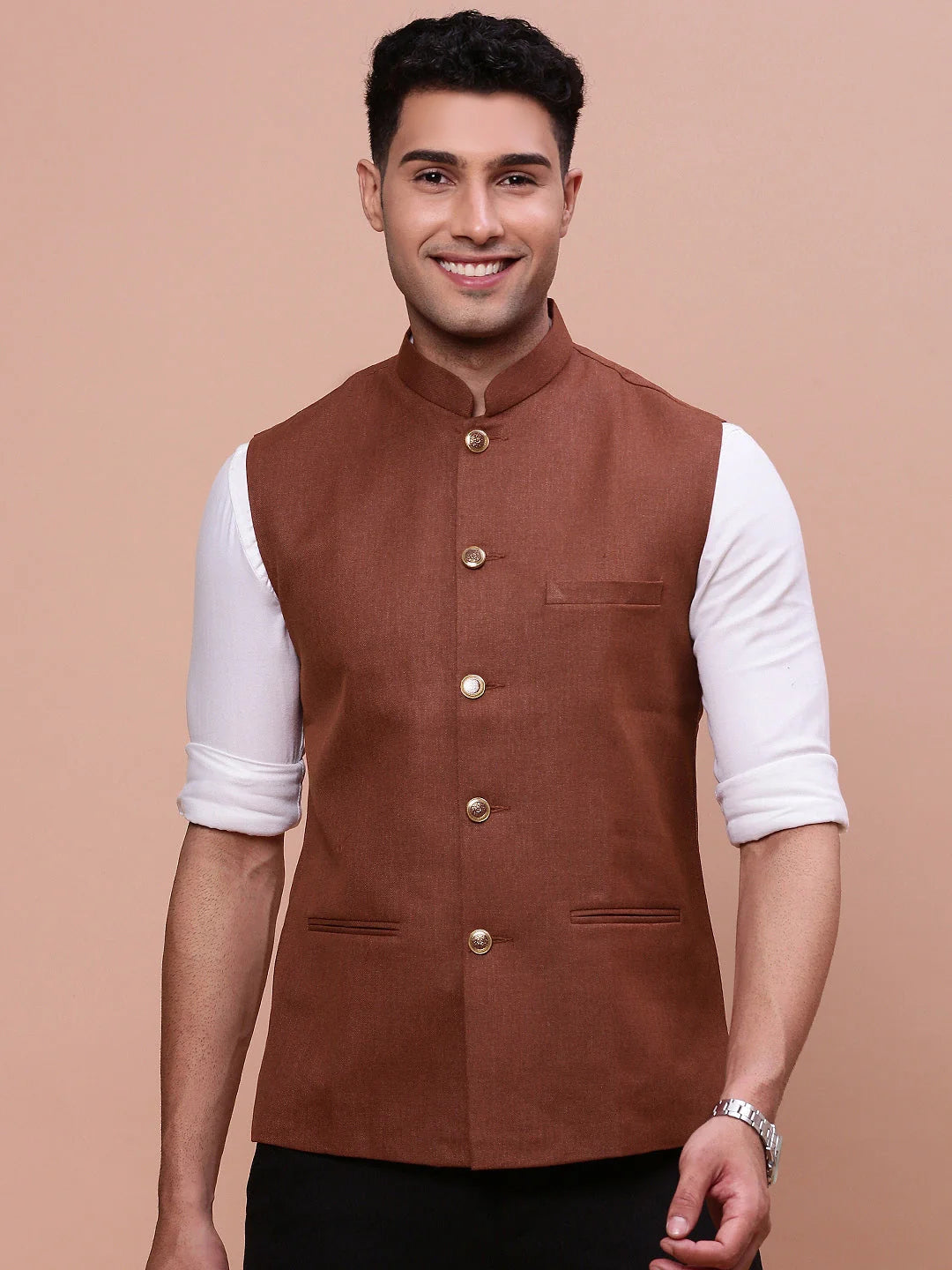 Rust Nehru Jacket - Solid Slim Fit - Mens Kurta Pajama Style