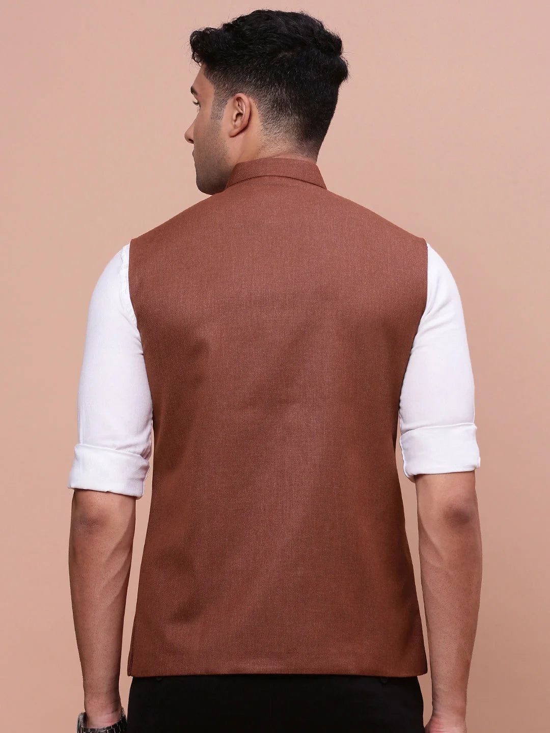 Rust Nehru Jacket - Solid Slim Fit - Mens Kurta Pajama Style