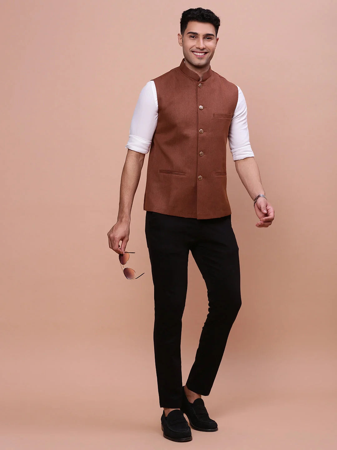 Rust Nehru Jacket - Solid Slim Fit - Mens Kurta Pajama Style
