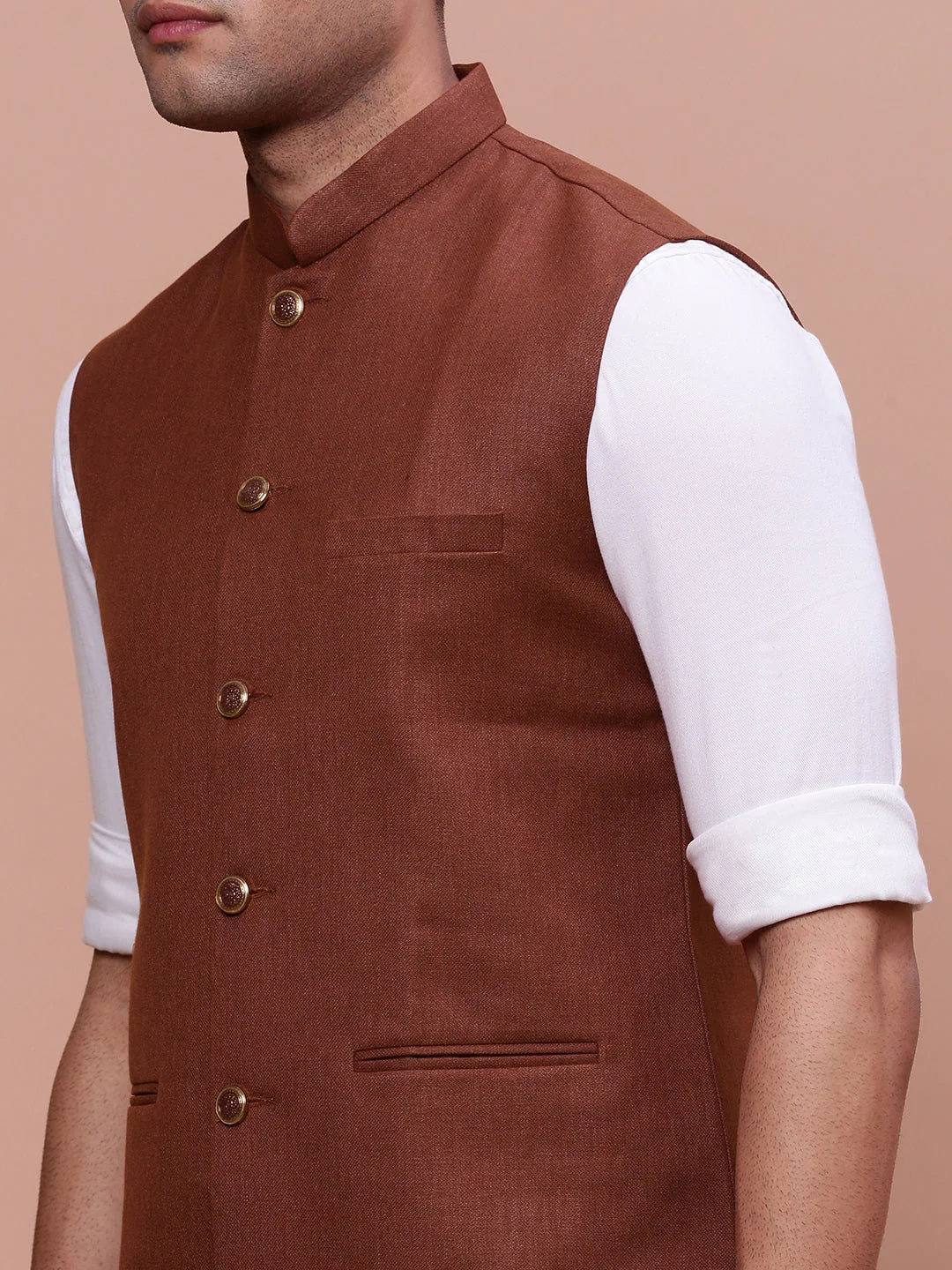 Rust Nehru Jacket - Solid Slim Fit - Mens Kurta Pajama Style