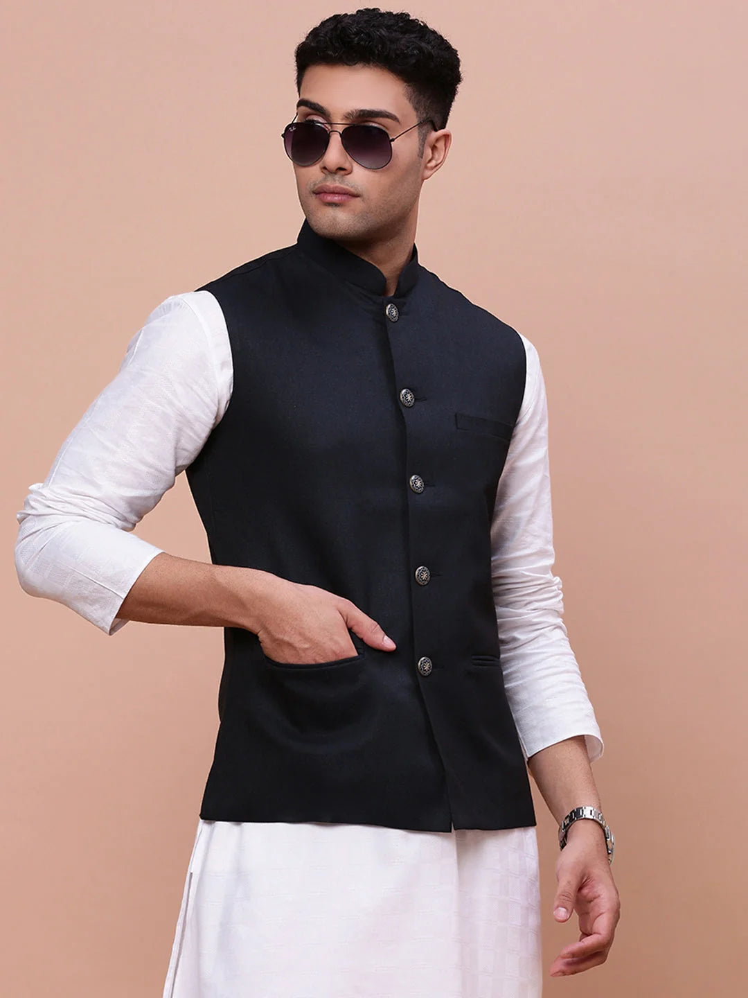 Navy Blue Nehru Jacket - Solid Slim Fit Mens Kurta Pajama