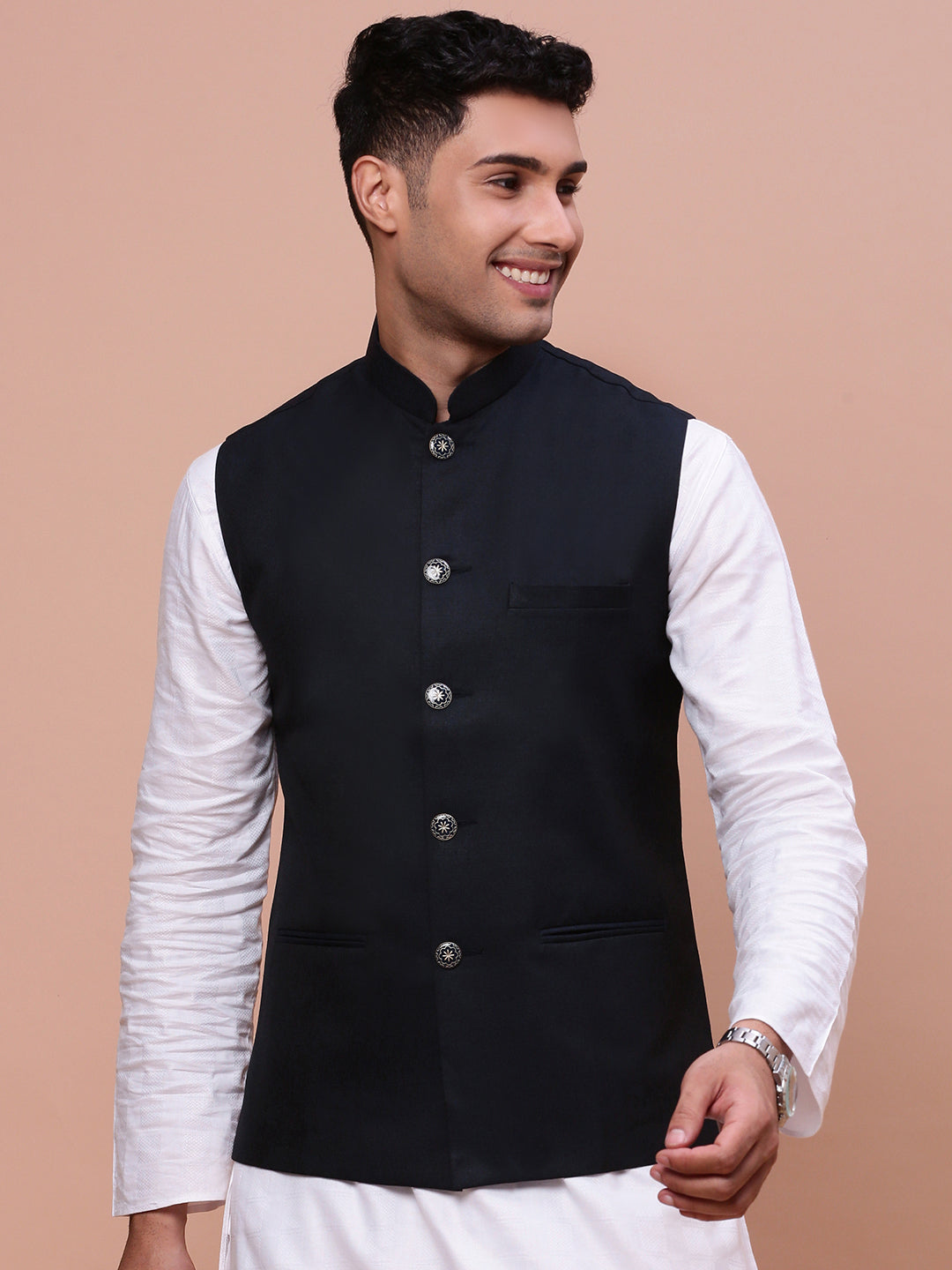 Navy Blue Nehru Jacket - Solid Slim Fit Mens Kurta Pajama