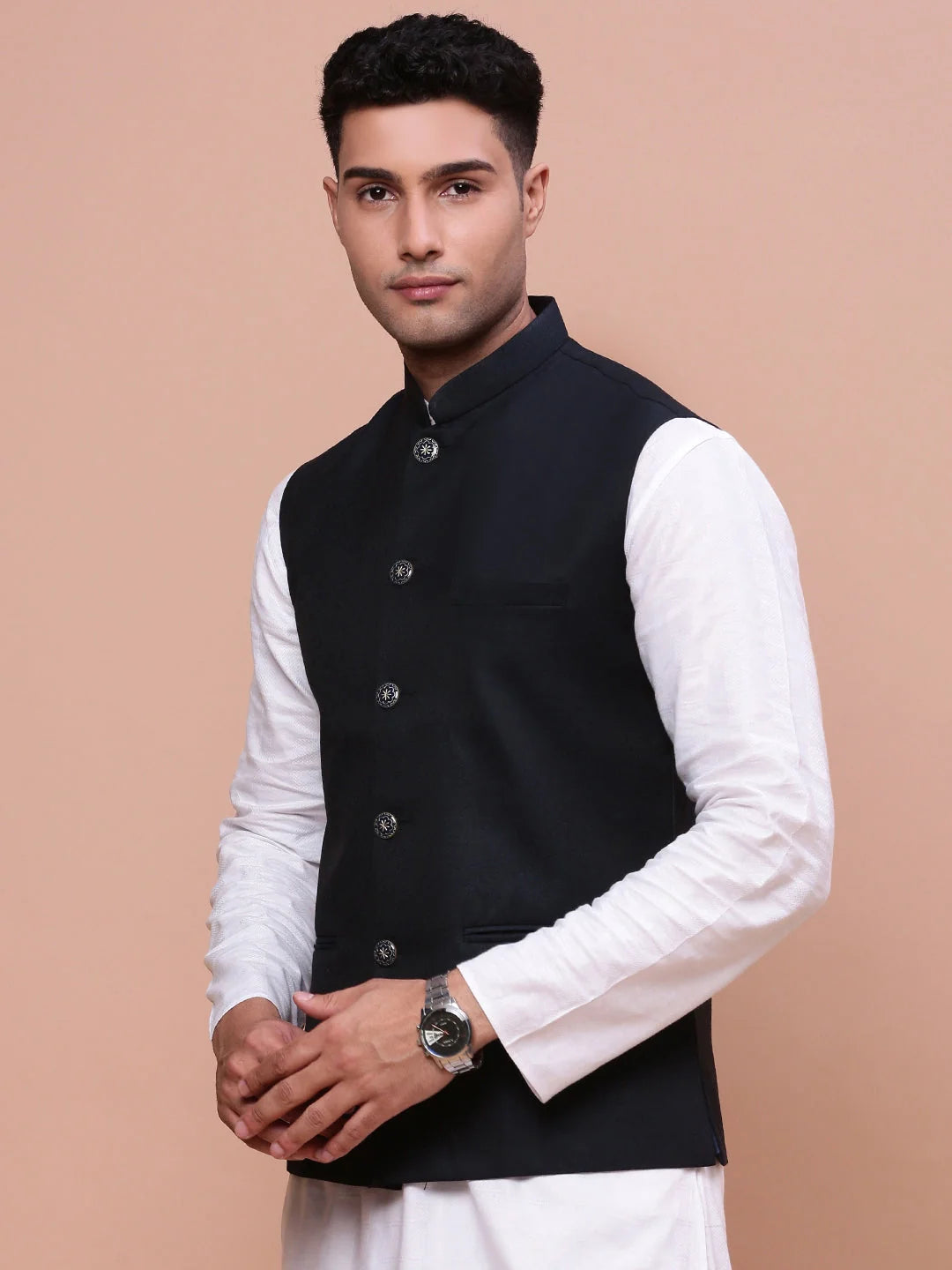 Navy Blue Nehru Jacket - Solid Slim Fit Mens Kurta Pajama