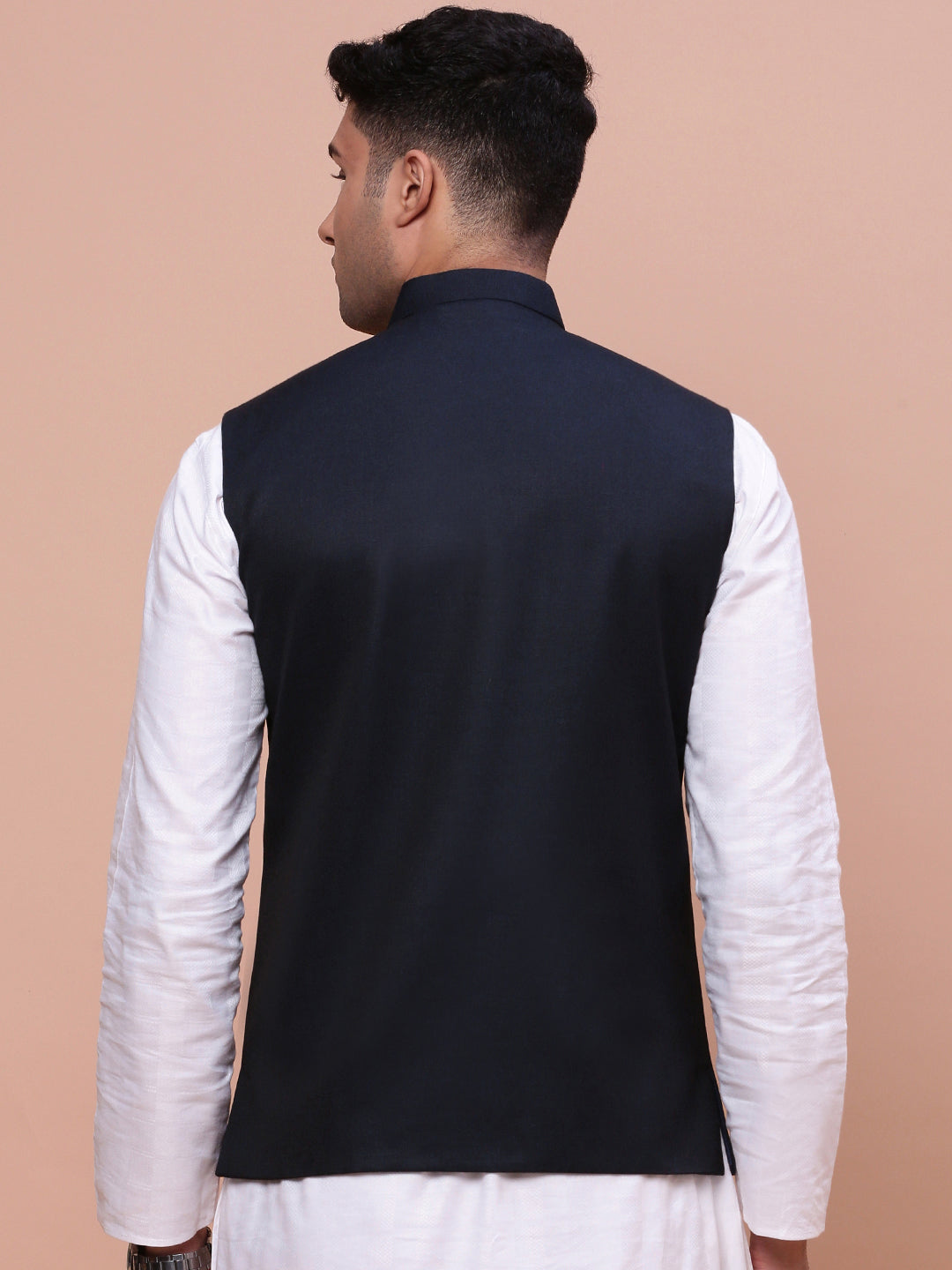 Navy Blue Nehru Jacket - Solid Slim Fit Mens Kurta Pajama
