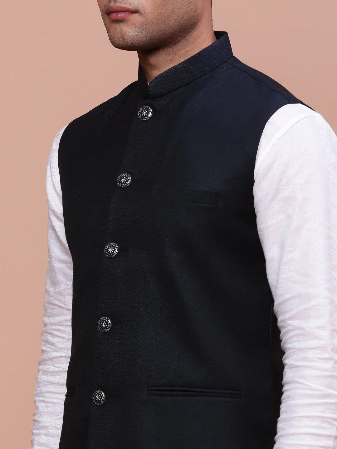 Navy Blue Nehru Jacket - Solid Slim Fit Mens Kurta Pajama
