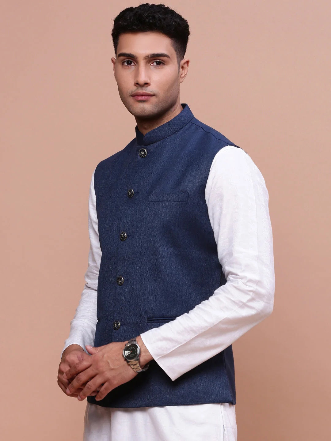 Navy Blue Slim Fit Nehru Jacket | Mens Kurta Pajama Fashion