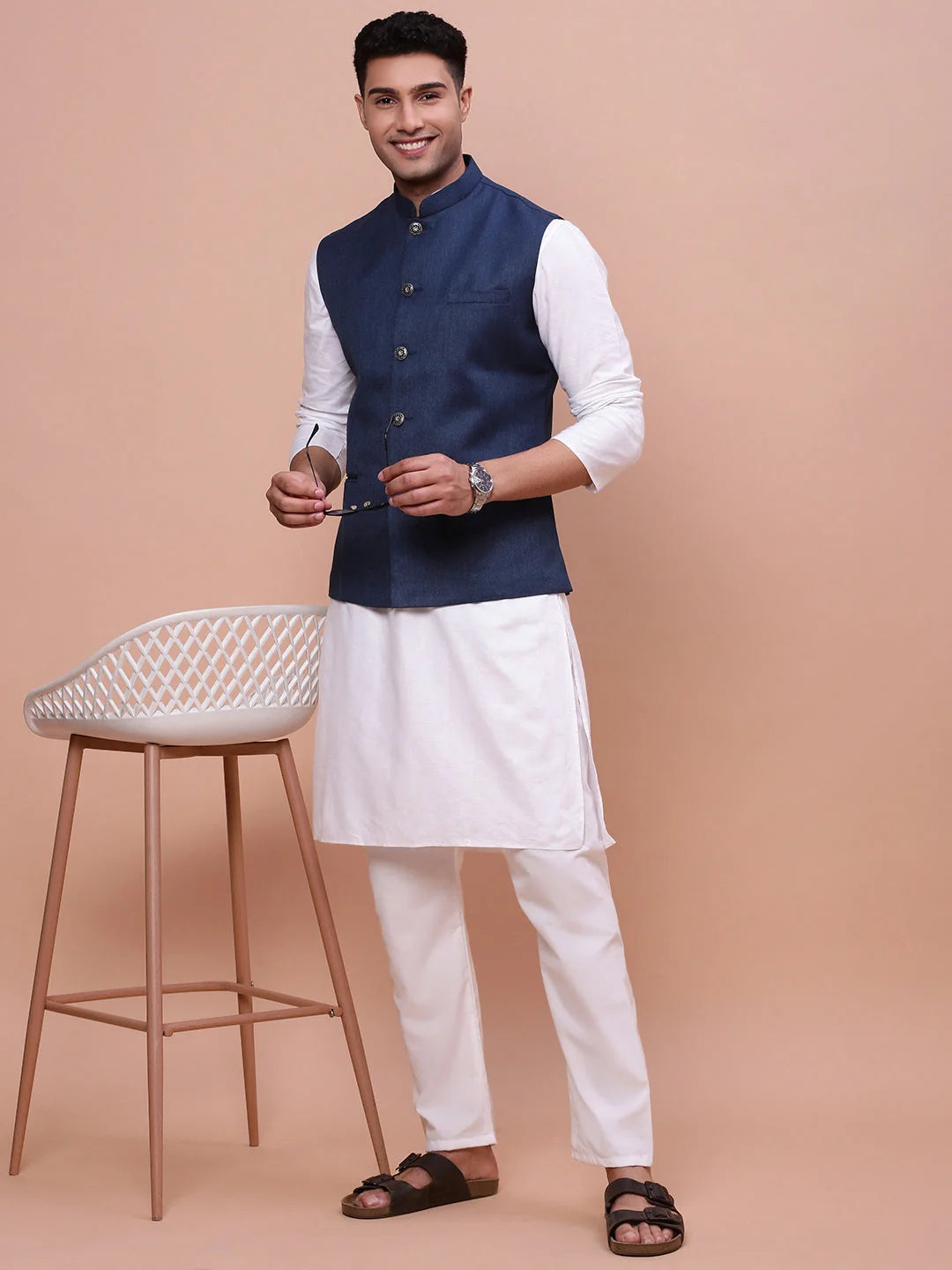 Navy Blue Slim Fit Nehru Jacket | Mens Kurta Pajama Fashion