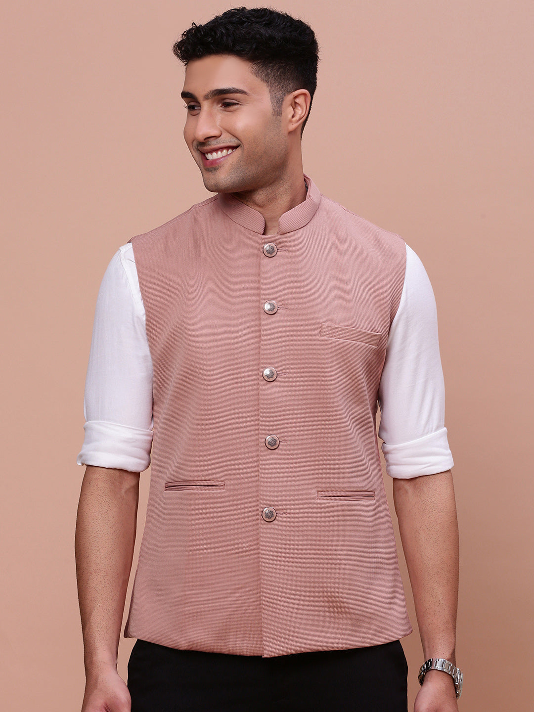 Peach Slim Fit Nehru Jacket | Mens Kurta Pajama Set | Showoff