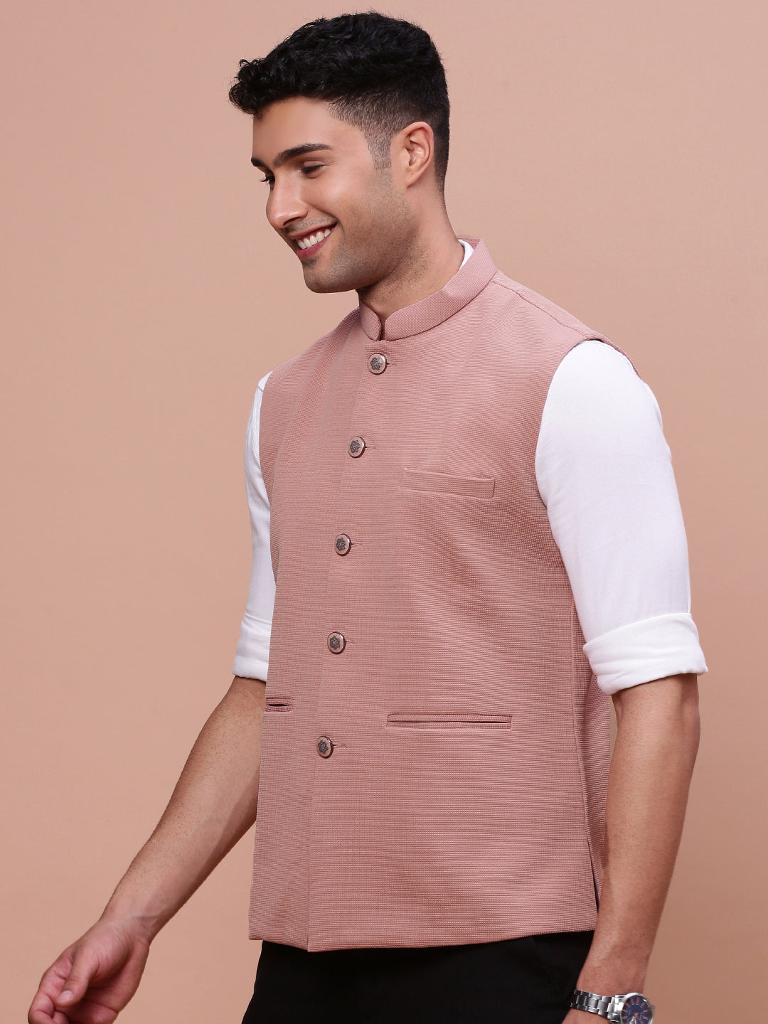 Peach Slim Fit Nehru Jacket | Mens Kurta Pajama Set | Showoff
