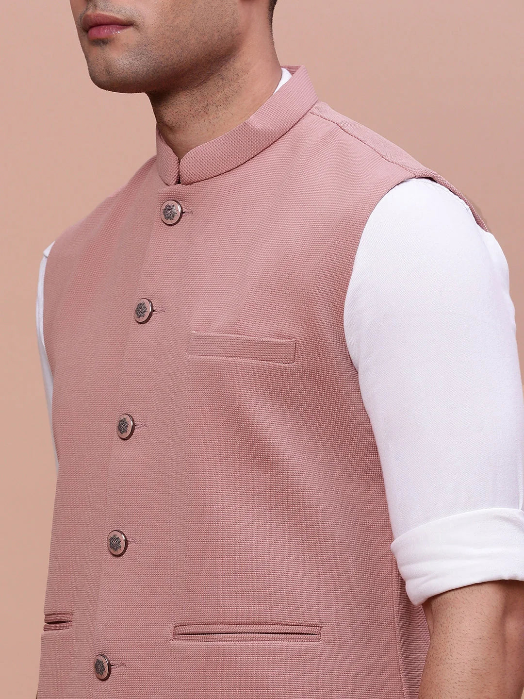 Peach Slim Fit Nehru Jacket | Mens Kurta Pajama Set | Showoff