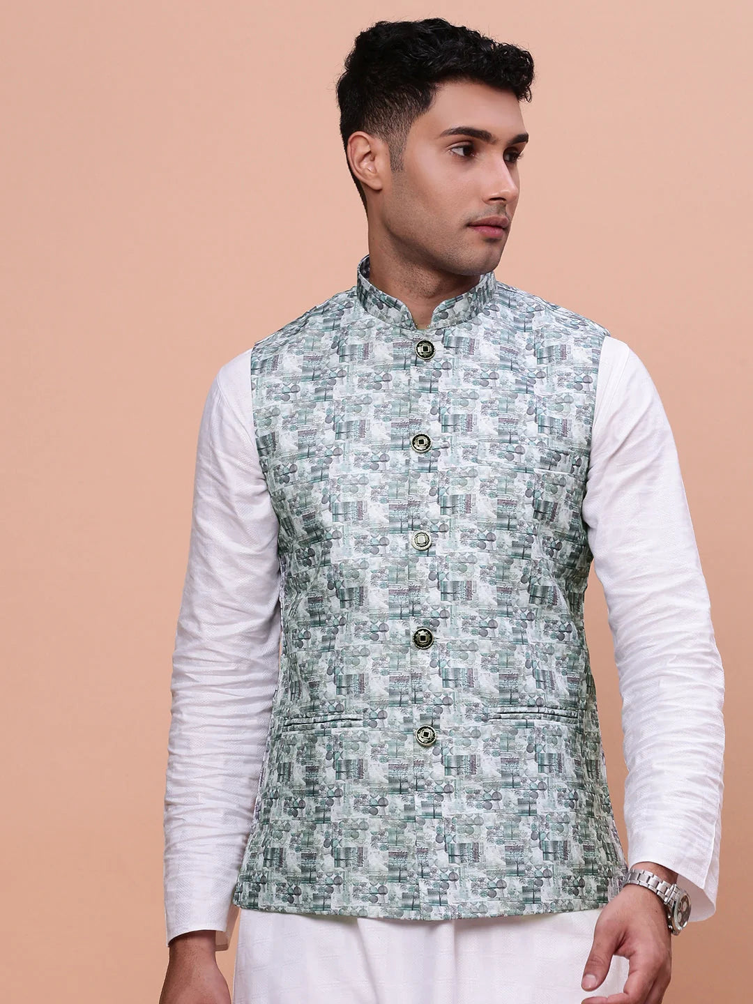 Teal Woven Design Nehru Jacket | Mens Kurta Pajama Style