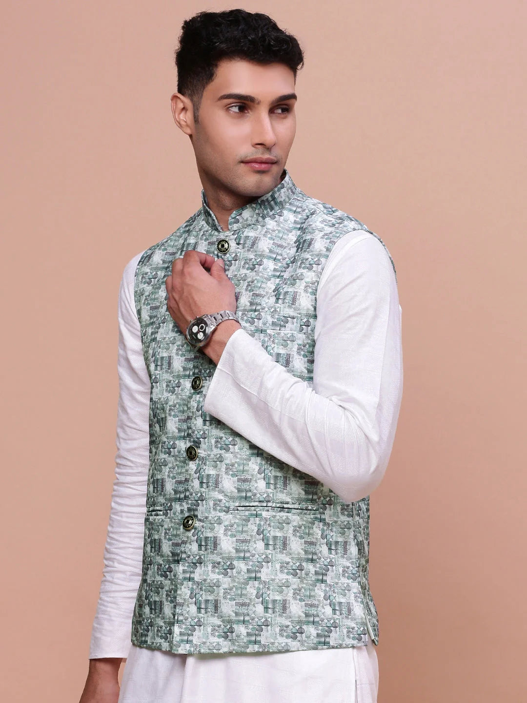 Teal Woven Design Nehru Jacket | Mens Kurta Pajama Style