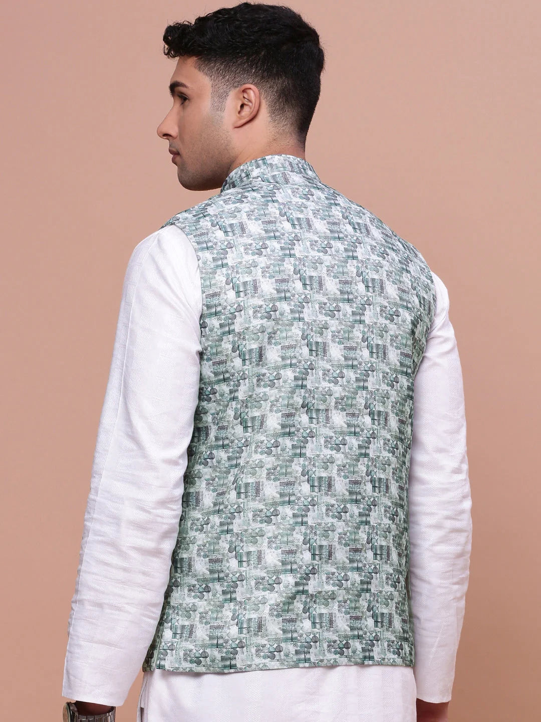 Teal Woven Design Nehru Jacket | Mens Kurta Pajama Style