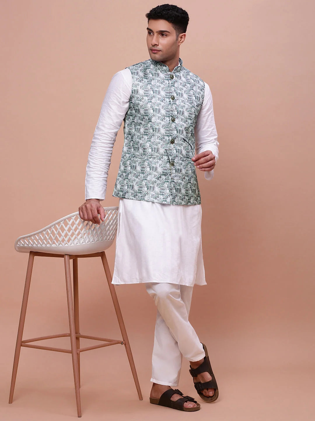 Teal Woven Design Nehru Jacket | Mens Kurta Pajama Style