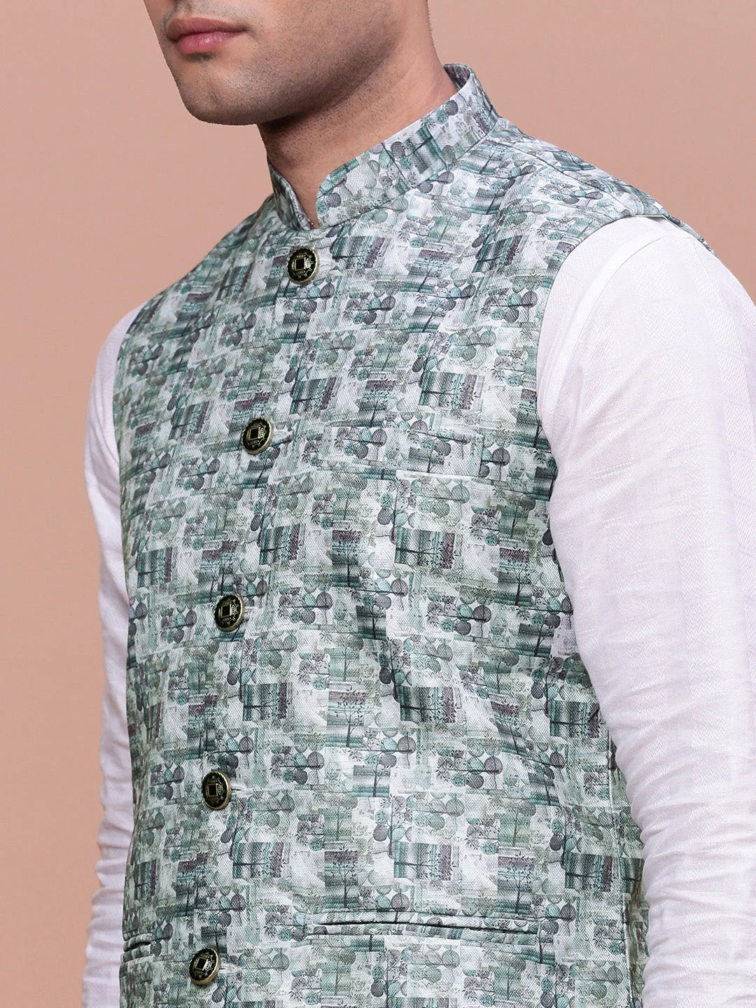 Teal Woven Design Nehru Jacket | Mens Kurta Pajama Style