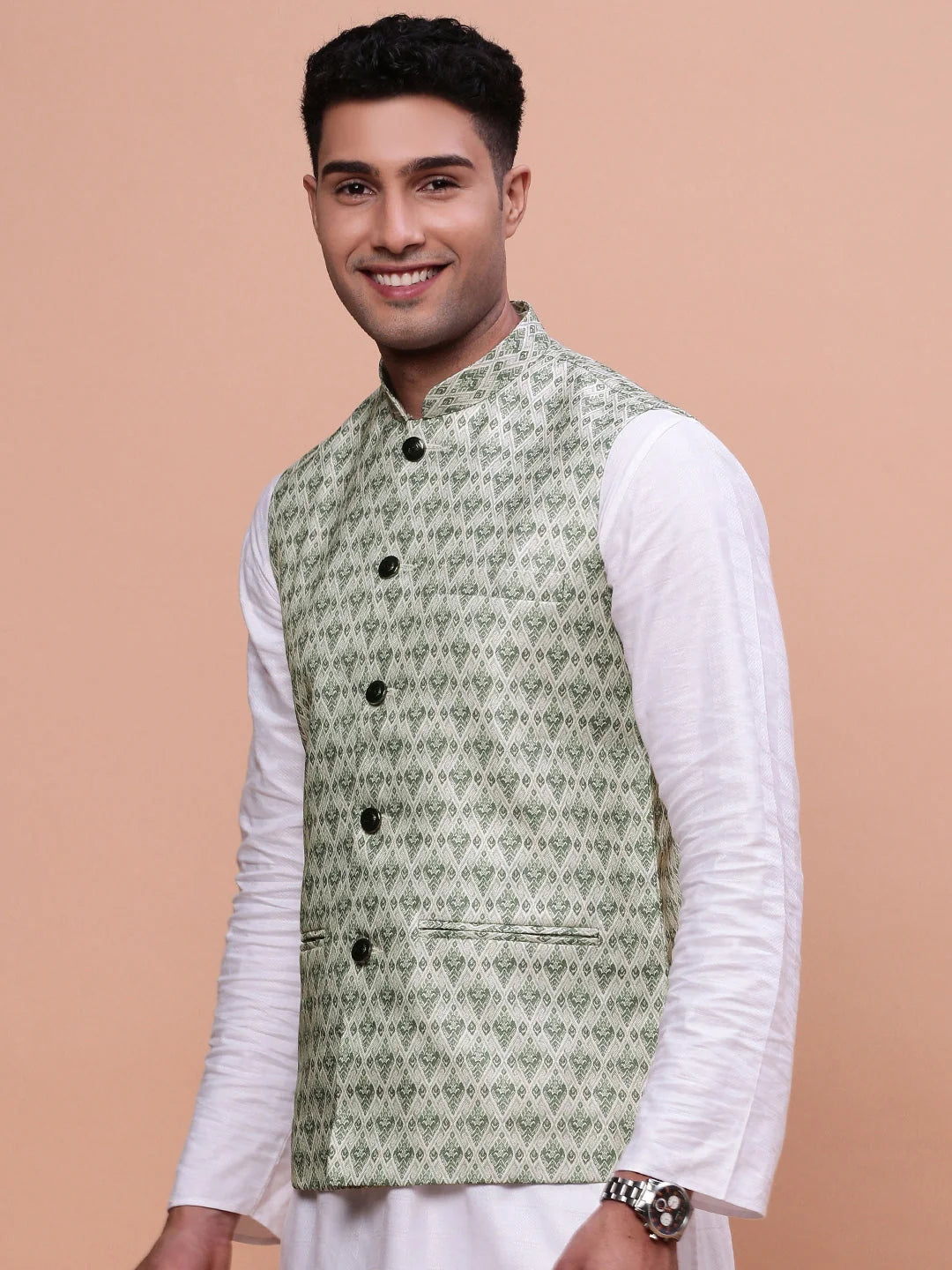 Green Slim Fit Nehru Jacket | Mens Kurta Pajama | Showoff