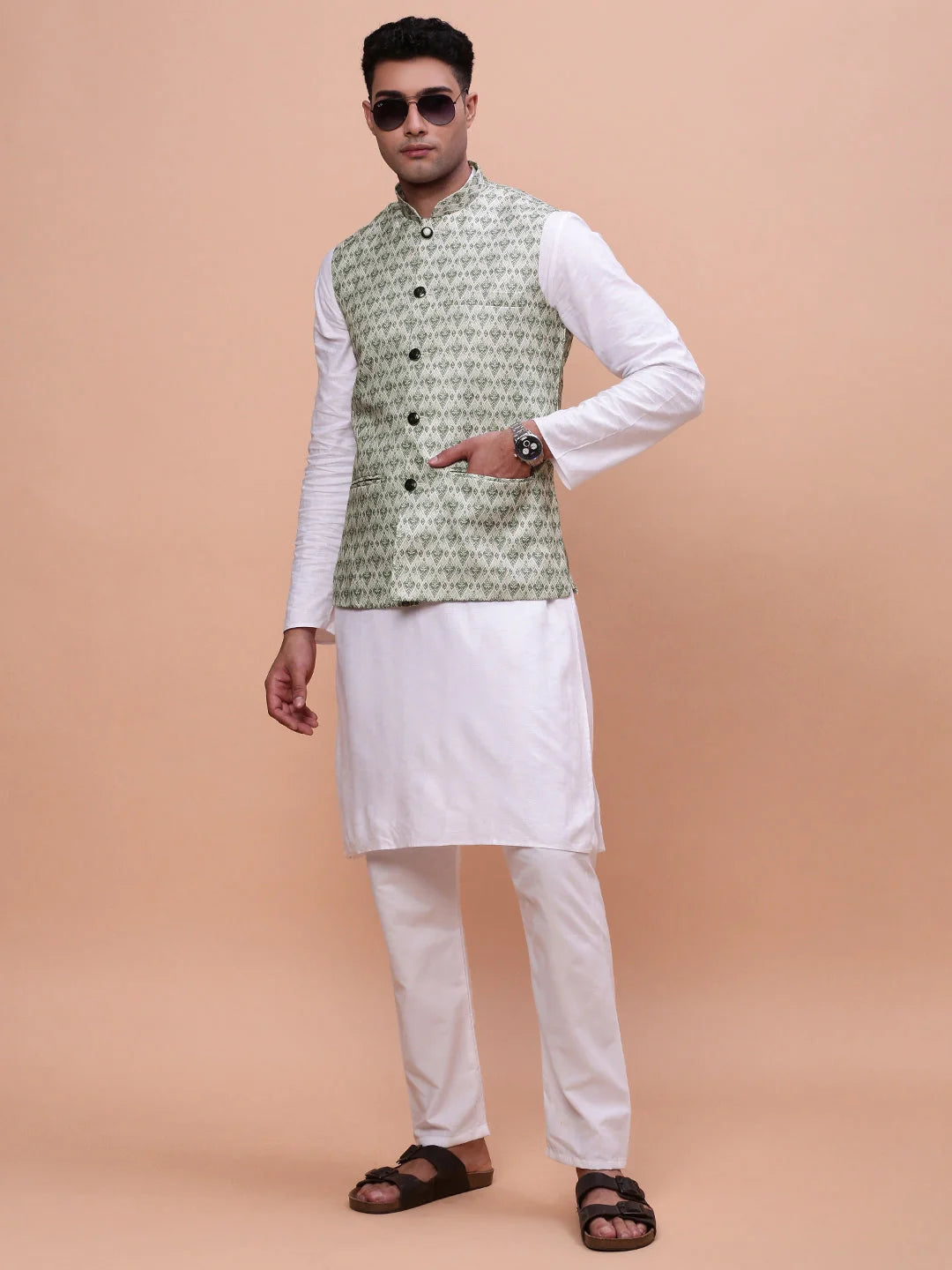 Green Slim Fit Nehru Jacket | Mens Kurta Pajama | Showoff