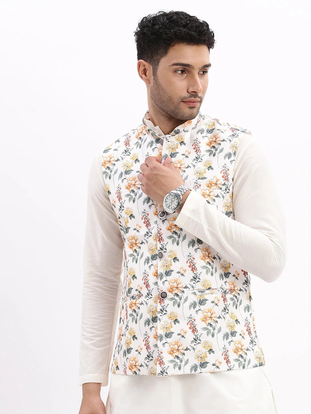Off White Printed Nehru Jacket - Mens Kurta Pajama Alternative