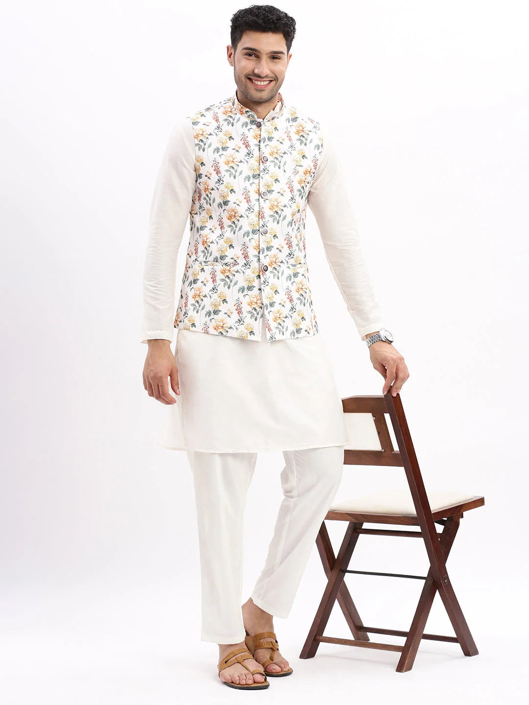 Off White Printed Nehru Jacket - Mens Kurta Pajama Alternative