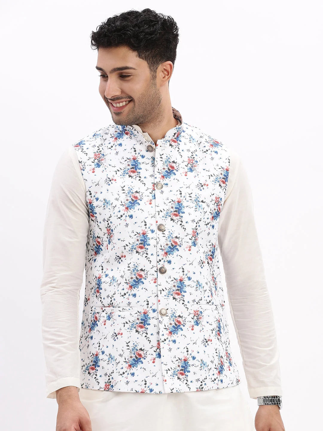 White Printed Nehru Jacket - Stylish Mens Kurta Pajama Option