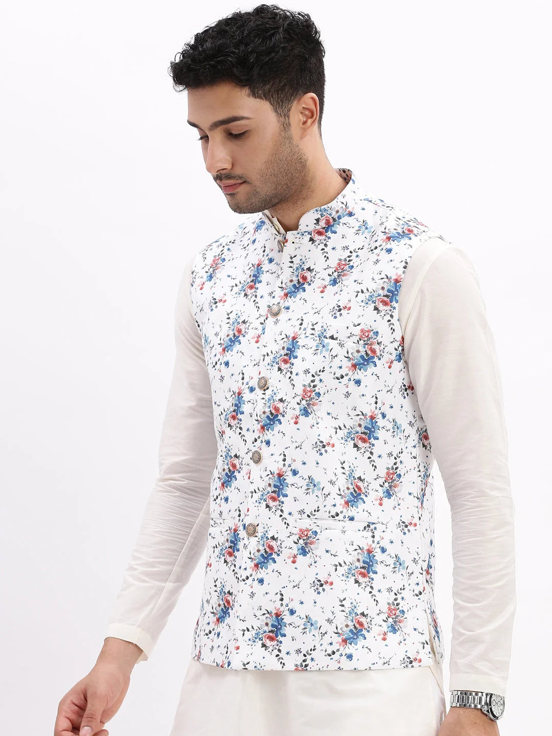 White Printed Nehru Jacket - Stylish Mens Kurta Pajama Option