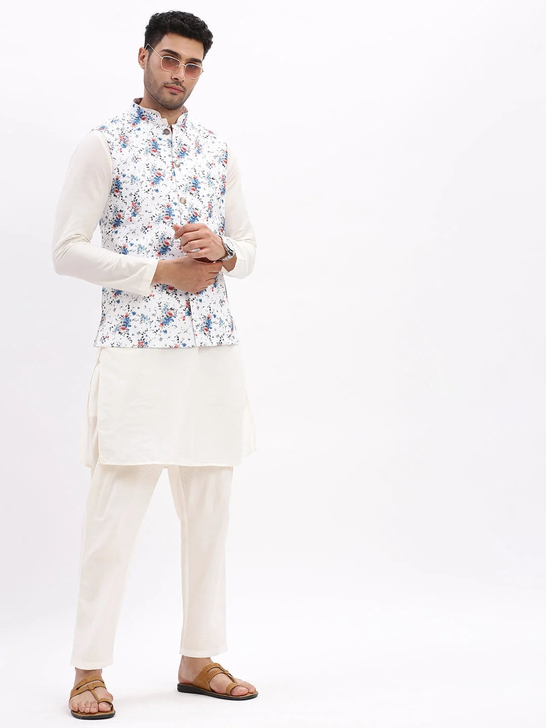 White Printed Nehru Jacket - Stylish Mens Kurta Pajama Option