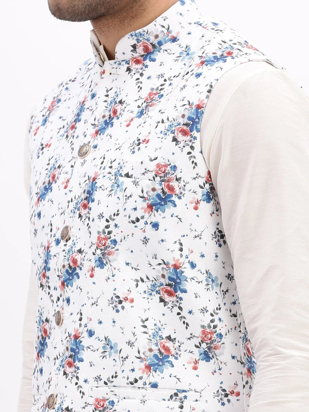 White Printed Nehru Jacket - Stylish Mens Kurta Pajama Option